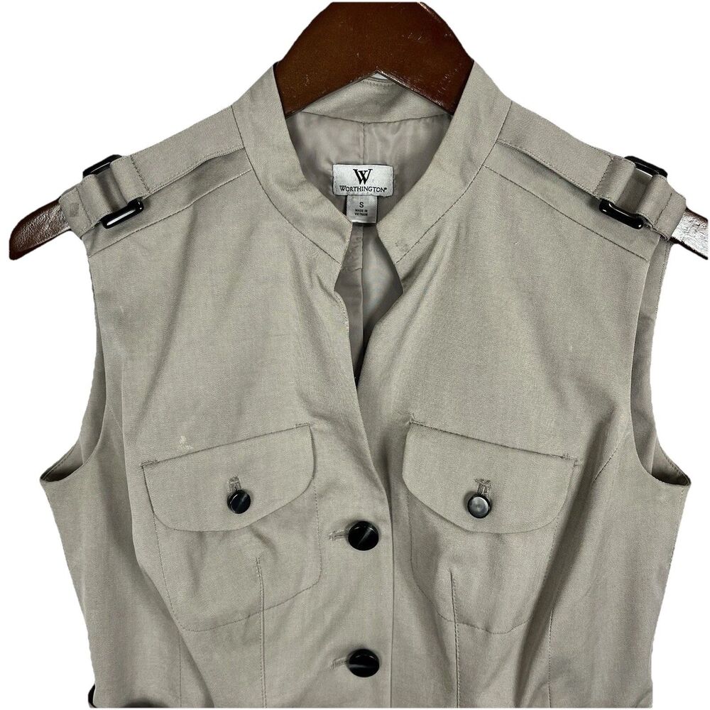 Worthington Women Beige Utility Vest Belted Safari Sleeveless Jacket S - Picture 4 of 16